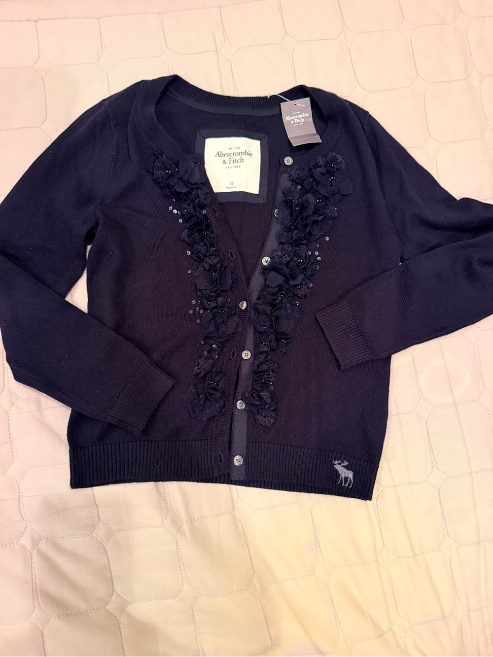 Vintage NWT Abercrombie & Fitch Navy Floral Sequin Trim 3/4 Sleeve Cardigan XS